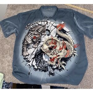 Vintage Billion Bay Button Up Shirt Mens 3XLT Blue Yin Yang Tiger Dragon Y2K 90s